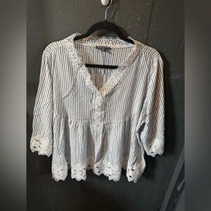 Chelsea & Theodore Blue and White Striped Lace Blouse Size 2X
